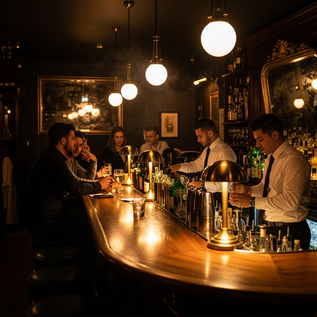 intimate dark cocktail bar at night, warm gold glow from bar lighting, atmospheric moody speakeasy, welcoming but exclusive, Madrid nightlife editorial