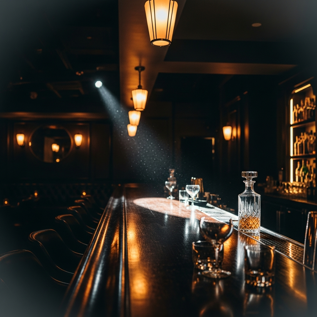 dramatic dark speakeasy cocktail bar interior, near-black walls, warm gold ambient lighting, empty bar counter gleaming, atmospheric moody editorial photography, cinematic