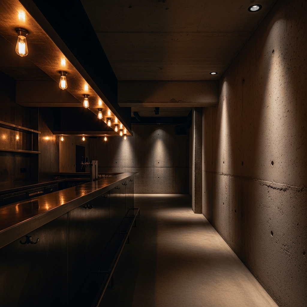 moody industrial cocktail bar interior, raw concrete walls, dark steel bar counter, dim warm gold lighting, empty venue, architectural editorial photography, Berlin underground aesthetic